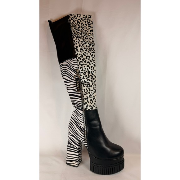 LAMODA  Patchwork Over the Knee Boots Chunky Platform Chain Detail Size 6 - Picture 3 of 16